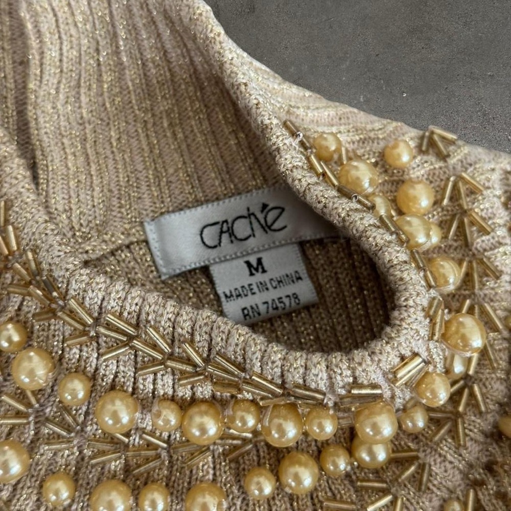 💔SOLD💔 Cache Gold Knit Top with Beaded Detail - Picture 4 of 5